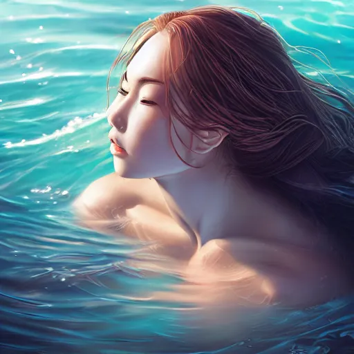 Image similar to Portrait of a woman swimming in the ocean by Rossdraws, highly detailed, ultra detailed, ultra realistic, trending on artstation