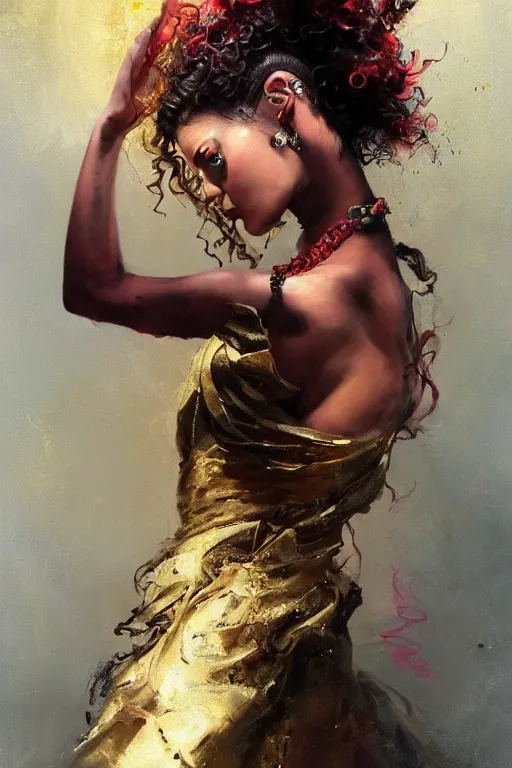 Image similar to an epic painting of a 1 9 years old girl figure, curly messy high bun hairstyle, oriental tattoos, subject wearing a gold and ruby high fashion gown, flowing, ornate, beautiful, dramatic earth colors, with few fire red highlights, by jeremy mann and greg rutkowski, trending on artstation, oil on canvas