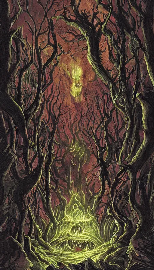 Prompt: a storm vortex made of many demonic eyes and teeth over a forest, from magic the gathering