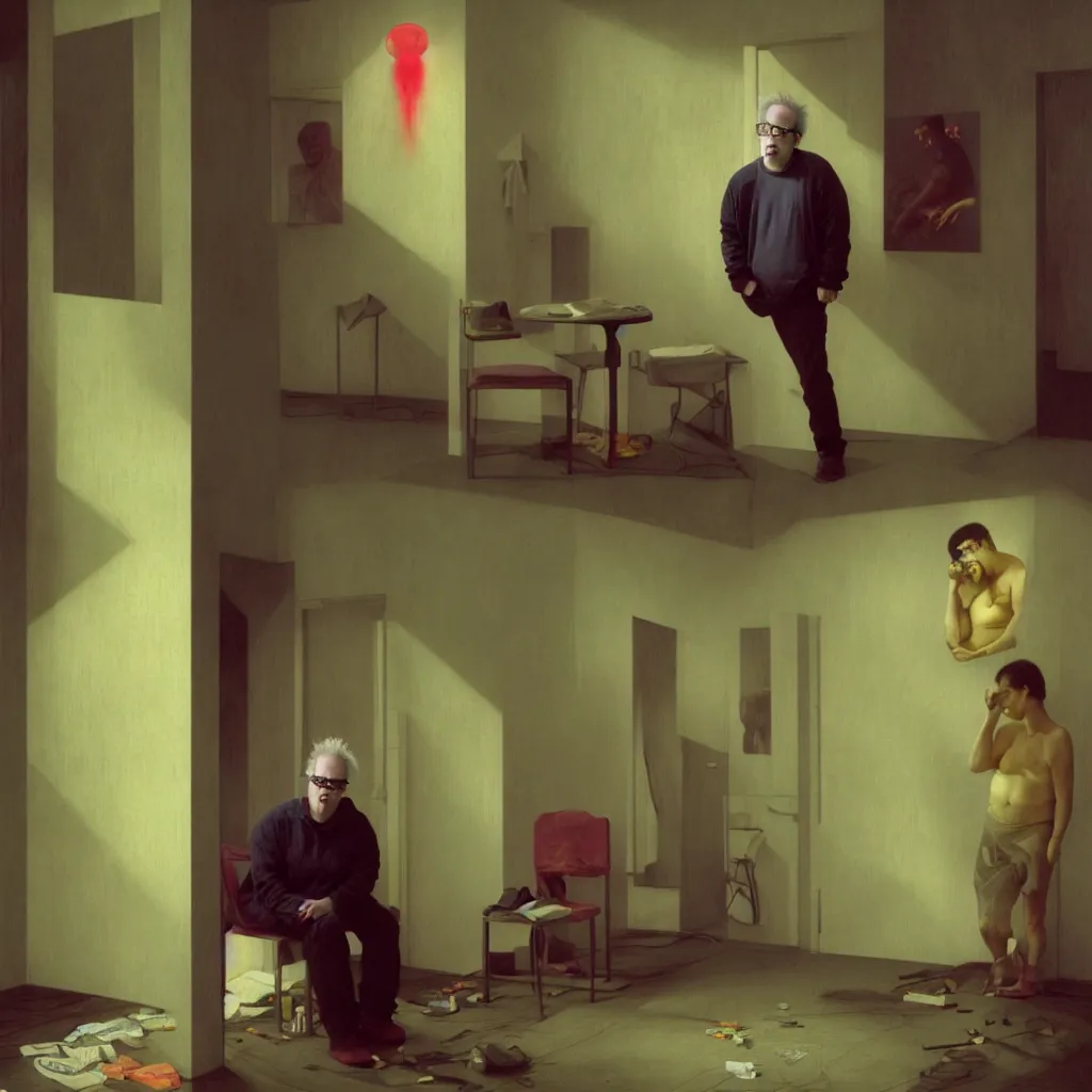 Image similar to weird and disturbing portrait of todd solondz standing alone in an empty appartment, vivid colors, neon, art by gregory crewdson and francis bacon and artgerm and wlop and william - adolphe bouguereau