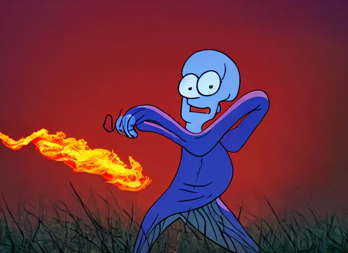 Image similar to squidward practicing firebending in an open field at susnset