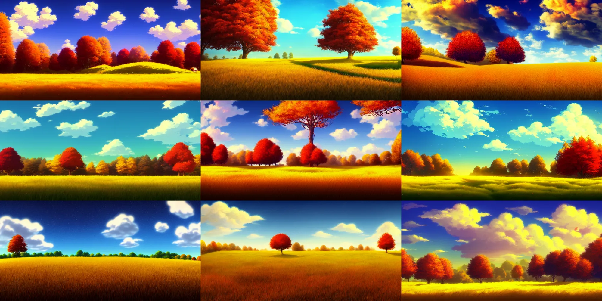 Prompt: countryside with gorgeous autumn sky, giant led display standing in the center of composition, endless grass, ghibli, miyazaki, artstation