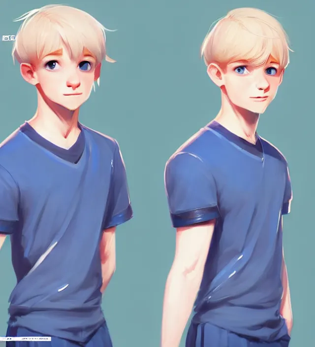 Image similar to character concept art of a cute young german boy with blond hair and bluish eyes, wearing a laboratory wear. lovely - fine - face, pretty face, key visual, realistic shaded perfect face, fine details by rossdraws, james jean, andrei riabovitchev, marc simonetti, sakimichan, trending on artstation