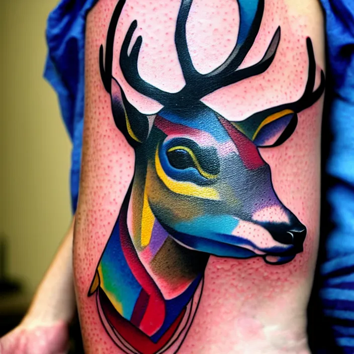 Image similar to full american traditional abstract tattoo art of a deer playing, fine detail, sheet paper