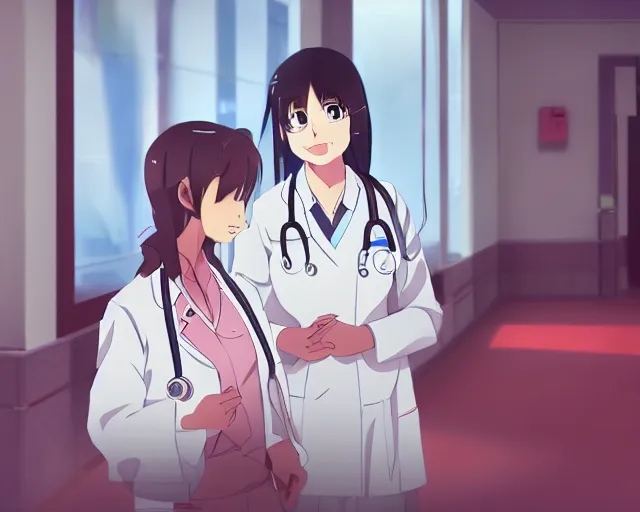 Prompt: a cute young female doctor wearing white coat are talking to a women in red shirt in a hospital, silver hair, slice of life anime, lighting, anime scenery by Makoto shinkai