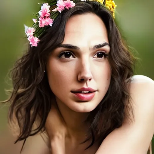 Prompt: photo of the beauty gal gadot, she is posing while maintain a sweet eye contact to the camera, she has a crown of flowers, the photo was taken at sunset with a bokeh effect, photo taken by edward steichen, photorealistic, matte painting, hyper realistic, 4 k, 8 k, cinematic composition, hd, highly detailed, trending on artstation