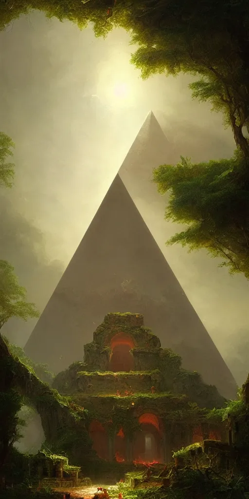 Image similar to ancient pyramid, overgrown undergrowth vegitation, dark volumentric ambient lighting, painting by thomas cole and greg rutkowski