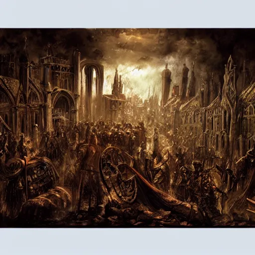 Image similar to a religious scene, chaos, night, rot, blood, epic art, dark souls, highly detailed, intricate background