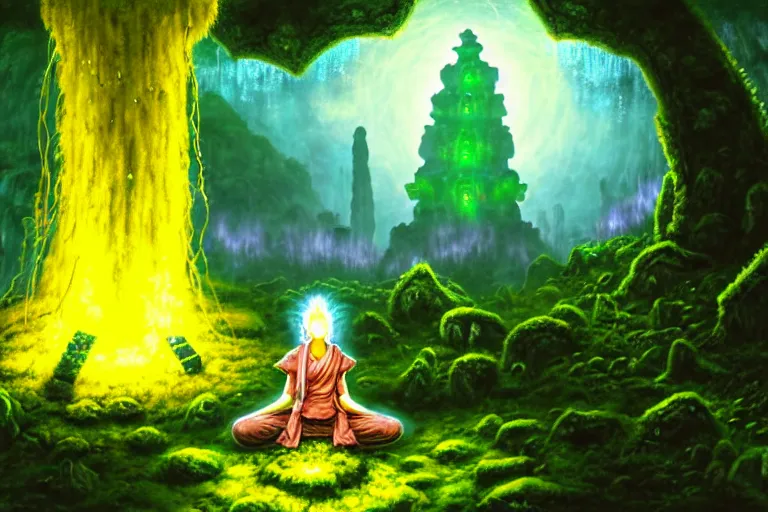 Image similar to a wanderer wearing yellow sits in meditation at an ancient shrine. mossy decrepit ruins in a forgotten land. magical leylines emit streaks of various colors of mana streams. a final fantasy concept splash oil painting of a rogue mage absorbing powers from the dungeon depths in an enchanted garden.