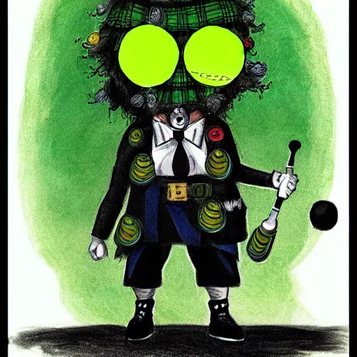 Image similar to a tennis ball monster wearing a scottish kilt, big mustache, scotland, bagpipes, digital art, fantasy, magic, chalk, trending on artstation, ultra detailed, professional illustration by basil gogos