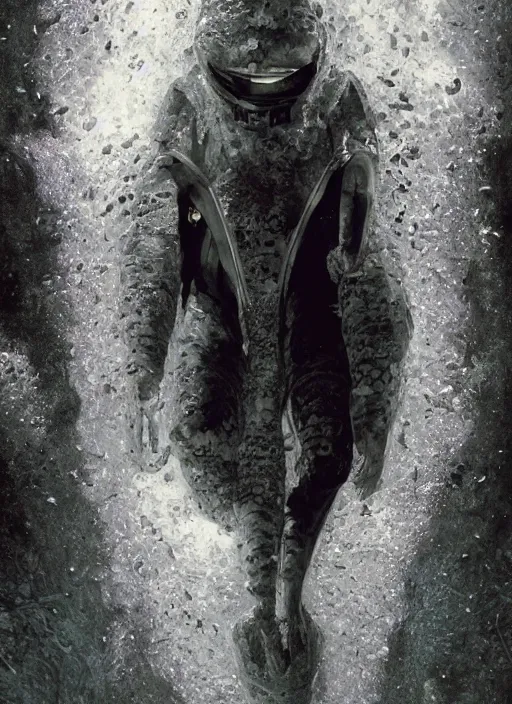 Image similar to astronauts in dark and empty void underwater - complex and hyperdetailed technical suit. reflection and dispersion materials. rays and dispersion of light. volumetric light. 5 0 mm, f / 3 2. noise film photo. flash photography. ultra realistic, wide angle. poster by wayne barlowe, hajime sorayama aaron horkey, craig mullins