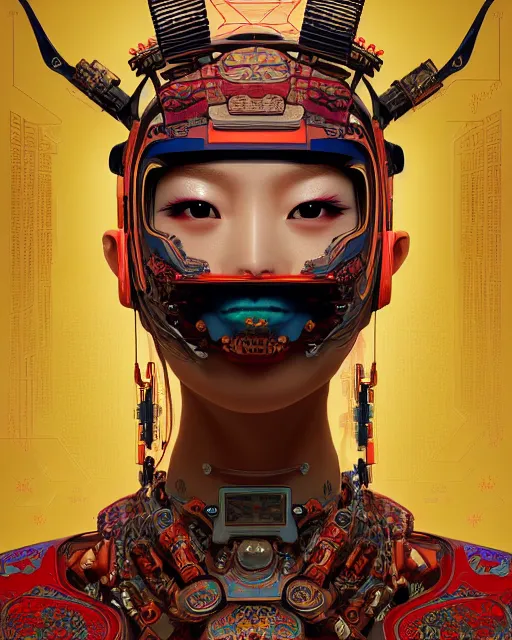 Image similar to portrait of a cyberpunk machine, machine face, upper half portrait, decorated with chinese opera motifs, asian, fine china, traditional chinese art, intricate, elegant, highly detailed, symmetry, headpiece, digital painting, artstation, concept art, smooth, sharp focus, illustration, art by artgerm and greg rutkowski and alphonse mucha, 8 k