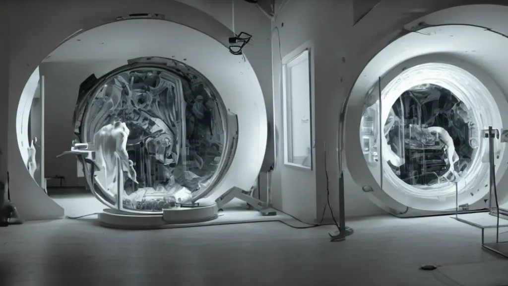 Image similar to an mri image open mri exposed uncovered machine portal in the living room, film still from the movie directed by denis villeneuve with art direction by salvador dali, wide lens