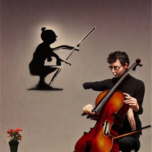 Image similar to cello violin concert art by banksy and frank frazetta