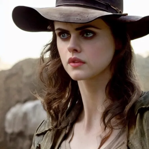 Image similar to A still photograph of Alexandra Daddario as Indiana Jones in Indiana Jones and the Raiders of the Lost Ark