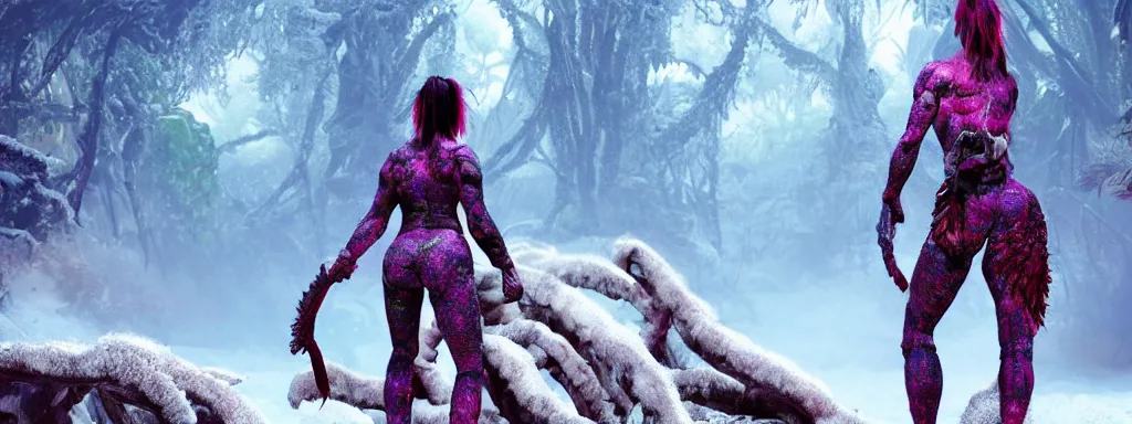 Image similar to muscular explorer woman walking forward in animal fur armour with crop top midriff, walking in a dense alien snow covered frosty jungle, with snow covered colourful red, blue and purple plants, large vines, snow covered arched organic rock structures, in the style of monster hunter world, like concept art on artstation, hyperdetailed, vray render, octane render,