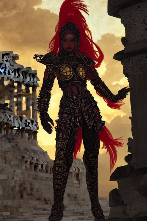 Image similar to portrait knights of Zodiac girl, metallic black and red color reflected armor, in ruin Agora of Athens sunset, ssci-fi, fantasy, intricate, natural atmosphere, cinematic lighting, elegant, golden light, highly detailed, digital painting, concept art, smooth, sharp focus, illustration, art by tian zi and loish and greg rutkowski and alphonse mucha and WLOP