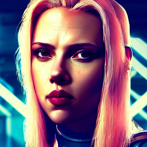 Image similar to scarlett johansson portrait, Cyberpunk 2077, cyberpsycho, photorealistic, ultra detailed, neon, octane, bokeh, cyber, cyberpunk city, feature, scars, cyberface, 8k