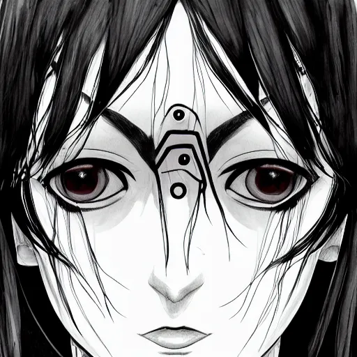 Image similar to headshot art of a goth anime woman, attractive, symmetrical face, trending on artstation, black and white watercolor