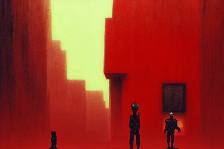 Image similar to only with red, a red cyborg samurai, tokio futuristic in background, some evil yokai, in the style of beksinski, parts by edward hopper, parts by rodcenko, parts by yue minjun, intricate and epic composition, red by caravaggio, insanely quality, highly detailed, masterpiece, red light, artstation, 4 k