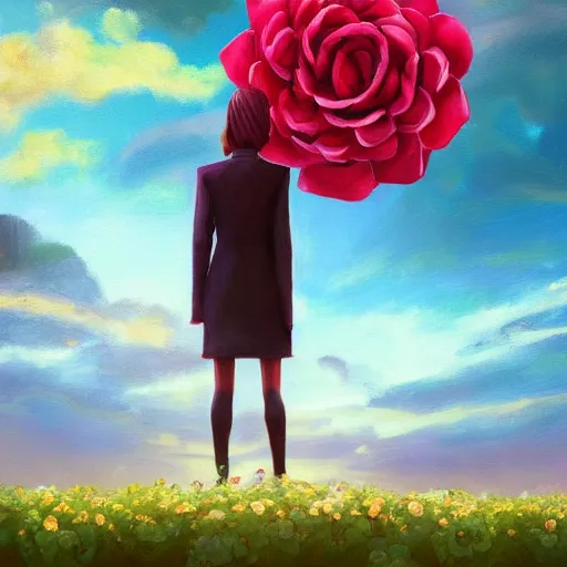 Image similar to giant rose flower head, frontal, girl in a suit, surreal photography, sunrise, dramatic light, impressionist painting, digital painting, artstation, simon stalenhag