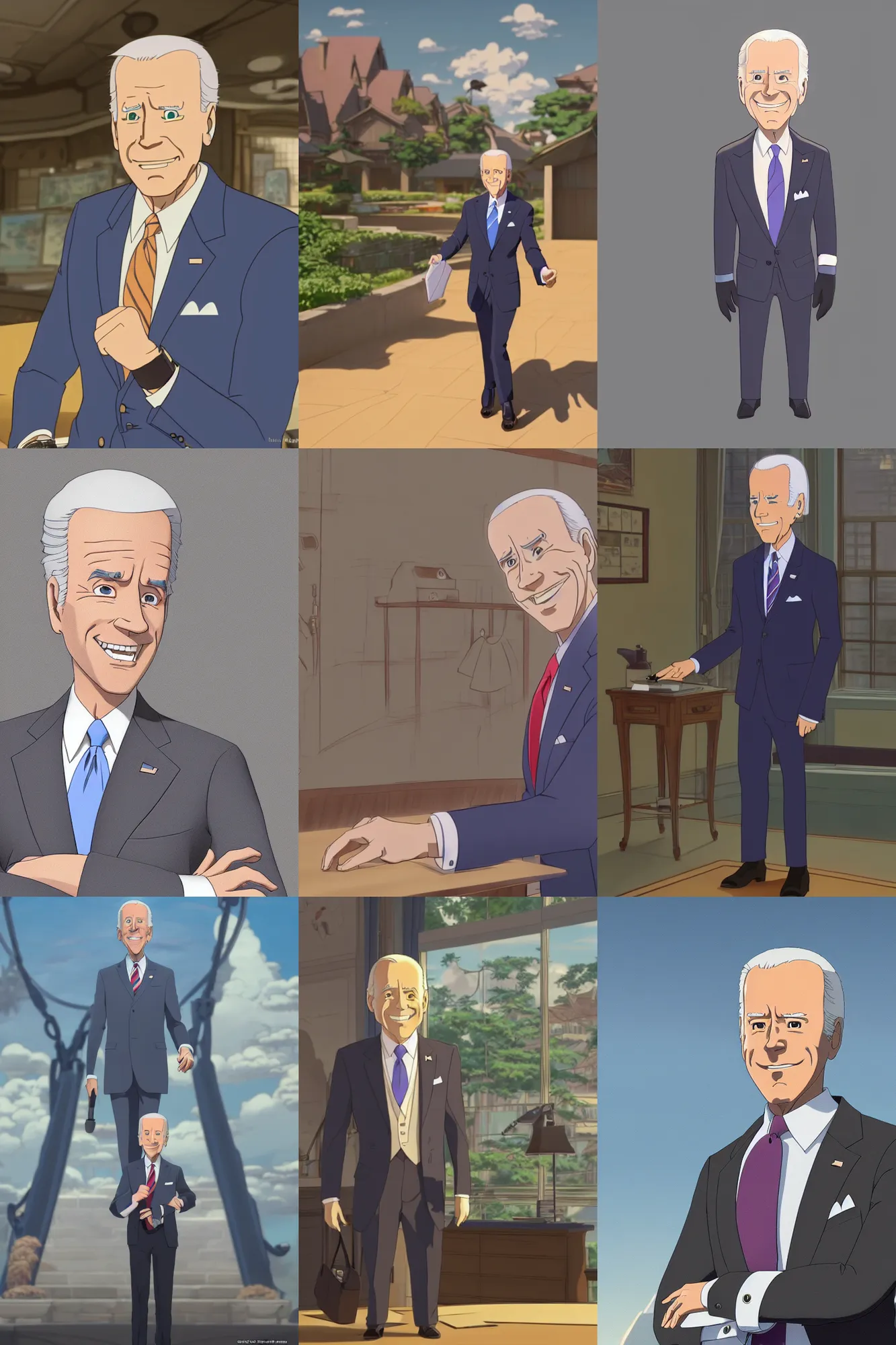 Prompt: a joe biden as a fancy business man, in studio ghibli, pixar and disney animation character design, sharp, rendered in unreal engine 5, anime key art by glen keane, ross tran, bloom, dramatic lighting, sunrise