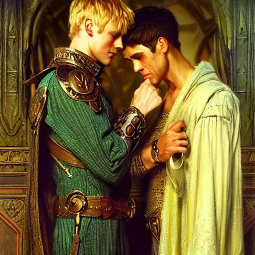 Image similar to attractive arthur pendragon in love with attractive male merlin the mage. highly detailed painting by gaston bussiere, craig mullins, j. c. leyendecker