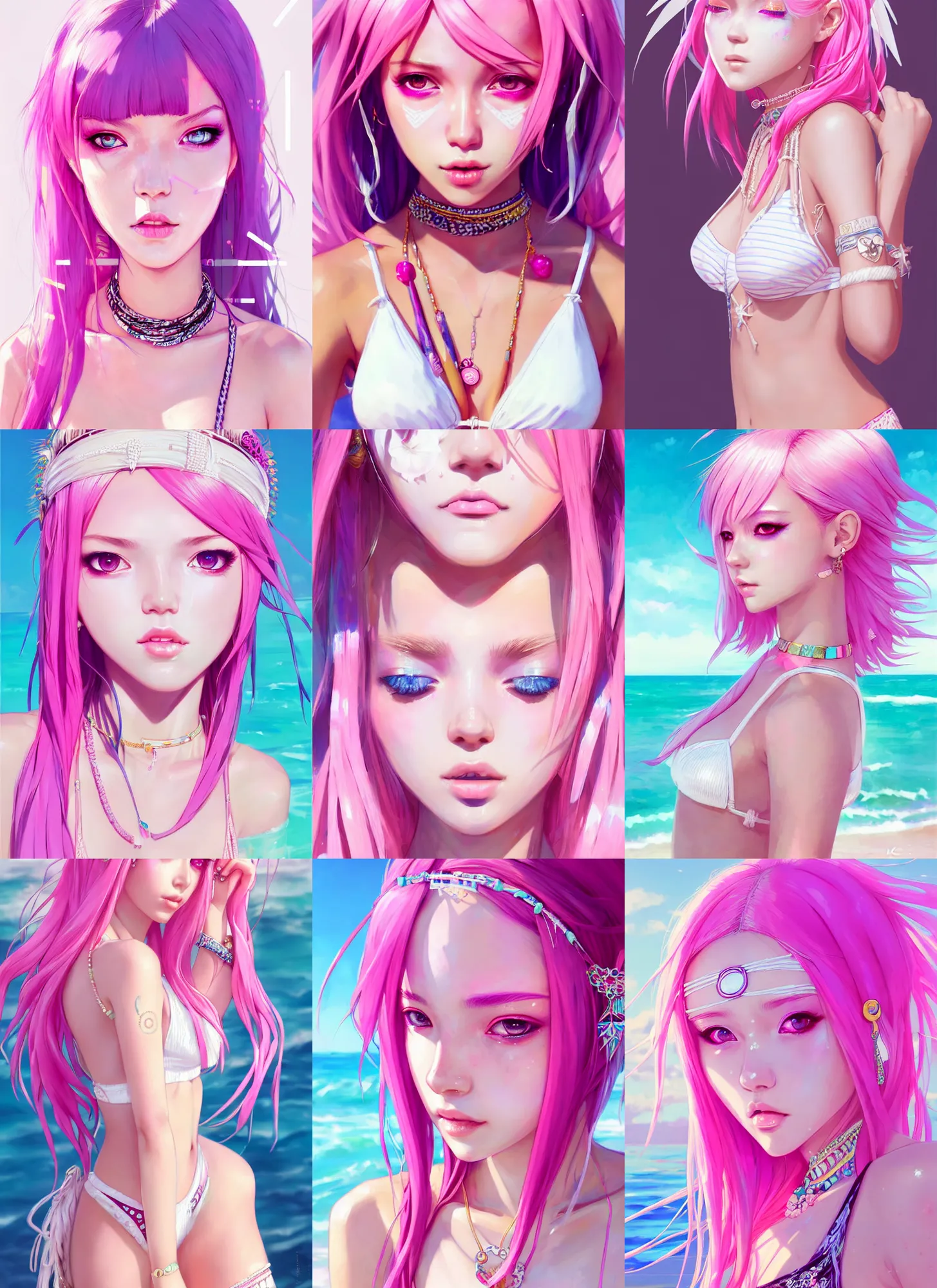 Prompt: portrait of a beautiful stunning girl with pink hair with boho accessories, in white reflective bikini at beach, glossy, symmetry face, top lighting, cute face, big eyes, highly detailed, seraphine ahri kda, art by krenz and wenjun lin and starember and kuvshinov ilya and rossdraws and artgerm