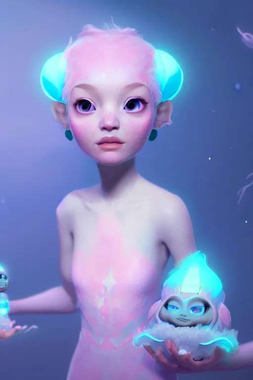 Image similar to super cute Bioluminescent Princess character concept, soft light, soft mood, realistic body features and face, illustration, painting oil on canvas by Elena Zhurikhina and Goro Fujita, octane render trending on artstation, 4k, 8k, HD