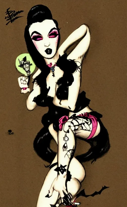 Prompt: goth girl with a detailed face and black hair below a full moon, burlesque psychobilly, rockabilly, punk, white background, drawing, illustration by frank frazetta