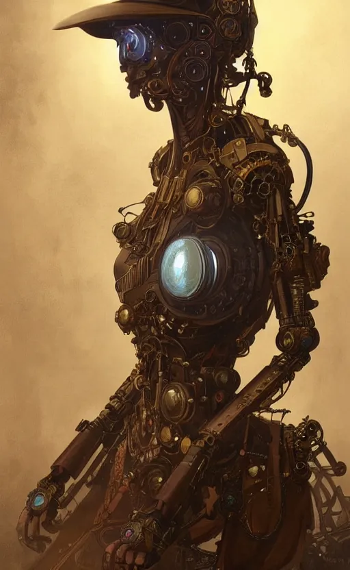 Image similar to steampunk robot, western, closeup, d & d, fantasy, intricate, elegant, highly detailed, digital painting, artstation, concept art, matte, sharp focus, illustration, art by artgerm and greg rutkowski and alphonse mucha