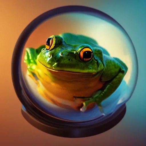 Prompt: eye - level shot of a cute frog sitting inside a giant glass sphere, concept art, by esao andrews, by m. w. kaluta, by pixar, volumetric light, rich colors, very humorous!!!, realistic reflections, smooth, depth perception, tilt shift, 4 k, unreal engine 5, artstation