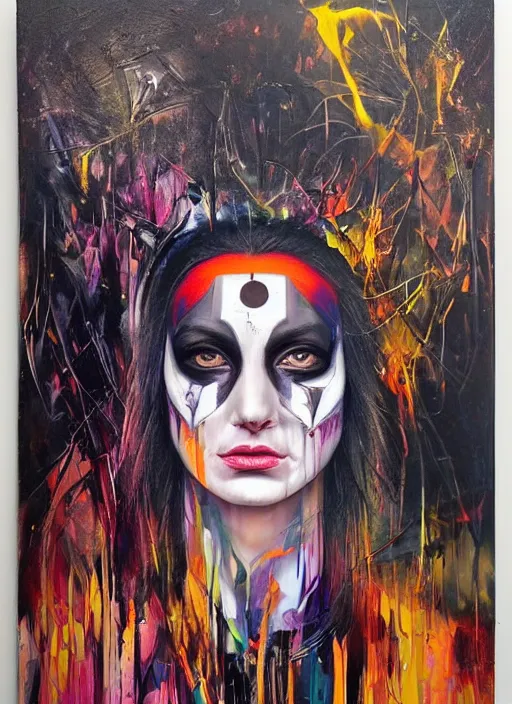 Image similar to enlightened magic cult psychic woman, painted face, third eye, energetic consciousness psychedelic, epic surrealism expressionism symbolism, story telling, iconic, dark robed, oil painting, symmetrical face, dark myth mythos, by sandra chevrier, joan mitchell monochromatic masterpiece