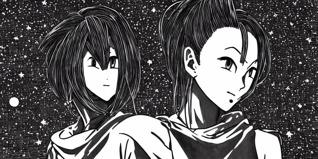 Image similar to manga portrait of a woman, akira toriyama, lineart, black and white, scifi, big clouds visible in the background, stars in the sky, high contrast, deep black tones