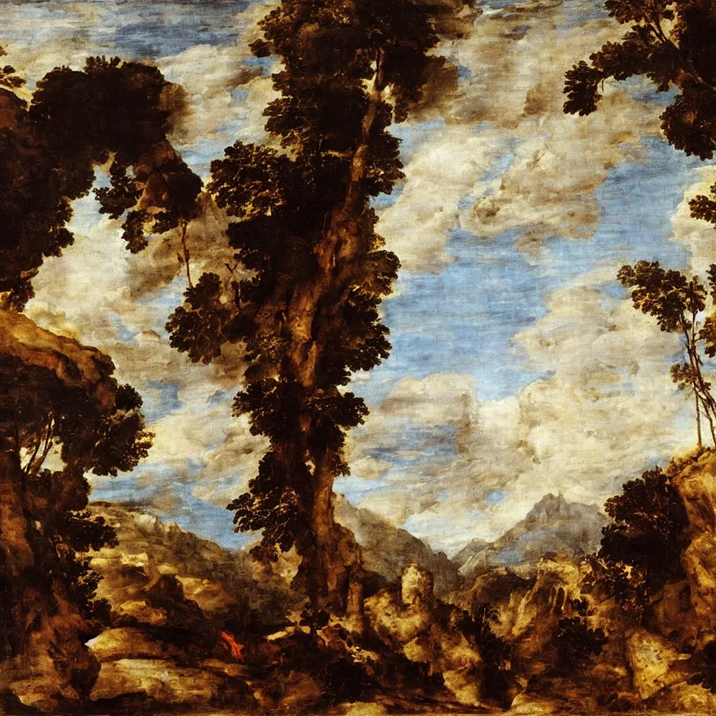 Prompt: a Titian painting of a scene inside of a on old temple with a sky and mountains with clouds