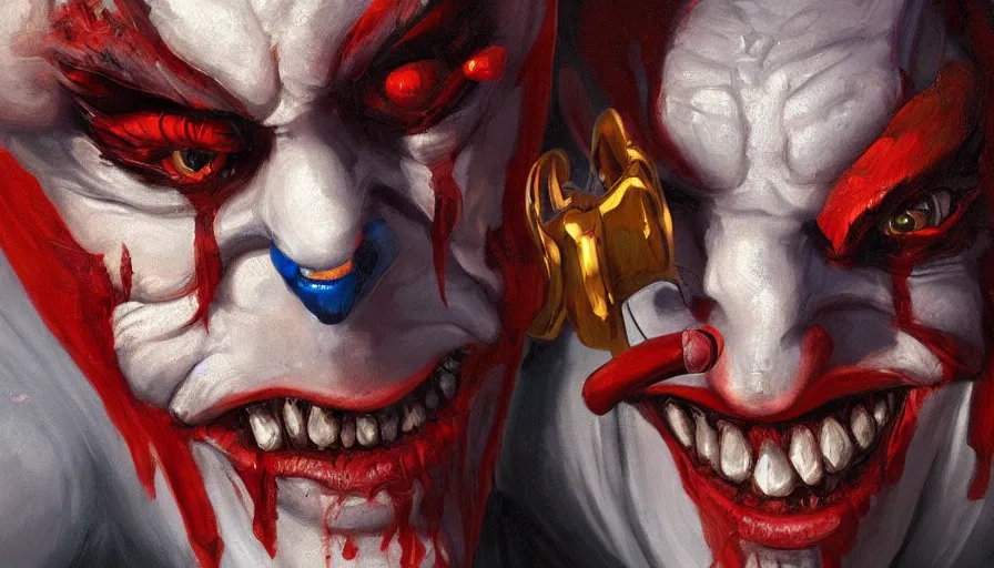 Image similar to portrait of a demonic clown, cinematic shot, aaa game concept art oil painting by jama jurabaev, extremely detailed, brush hard, artstation, high quality, brush stroke