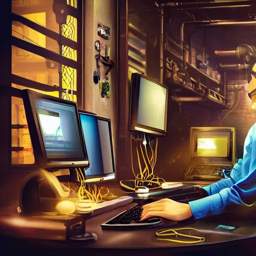 Image similar to computer programmer working in a steampunk office with lots of equipment & monitors, highly detailed, cyberpunk vivid background colors