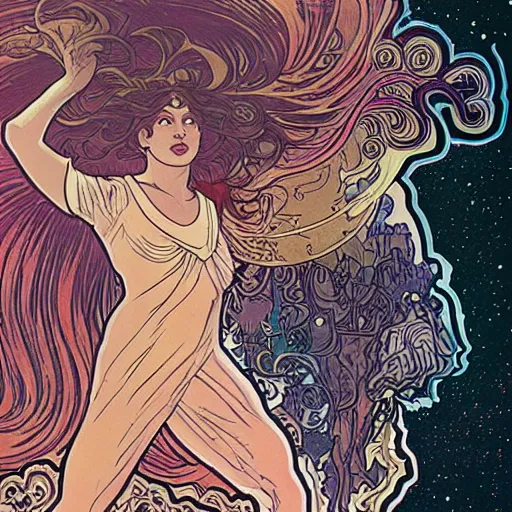 Image similar to a woman leaving her body, astral projection, astral travel, space background, cinematic, detailed, very realistic, by Alphonse Mucha, Moebius, Laurie Greasley