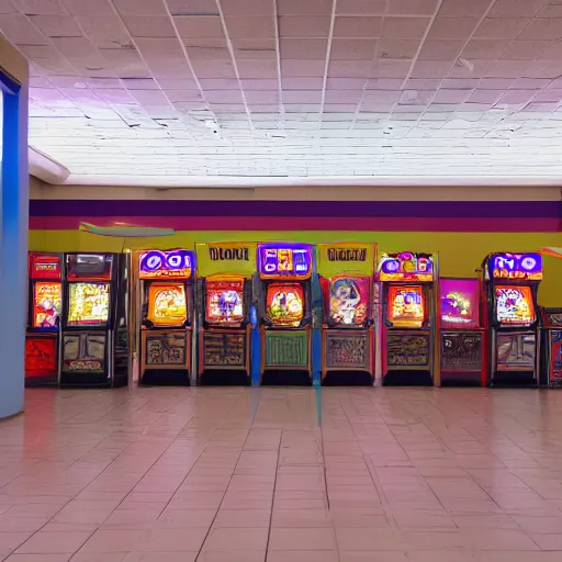 Prompt: an empty food court at a mall with a single arcade machine on the wall, vhs footage