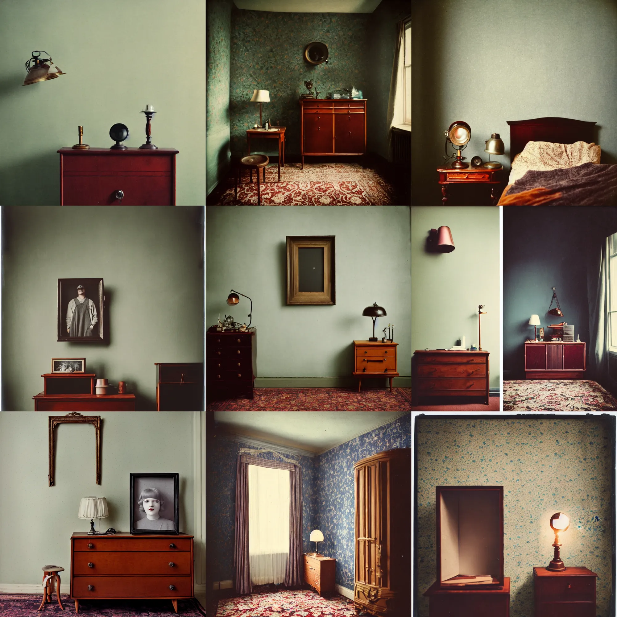 Image similar to kodak portra 4 0 0, wetplate, fisheye, award - winning portrait photo by britt marling, 1 9 2 0 s room, picture frames, 1 9 2 0 s furniture, wallpaper, carpet, shining lamp,, muted colours, blueberry, wood, fog,