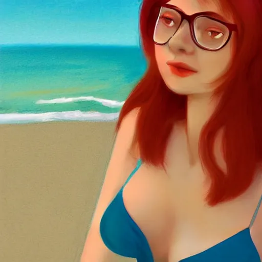 Prompt: very very very beautiful red haired woman wearing glasses and light blue sundress, beach background, eye contact, flirty, golden hour, drawn by WLOP