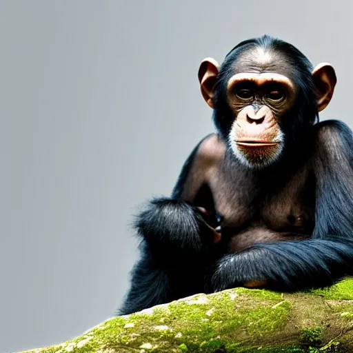 Prompt: chimpanzee looking curiously at a cyborg, hd photograph