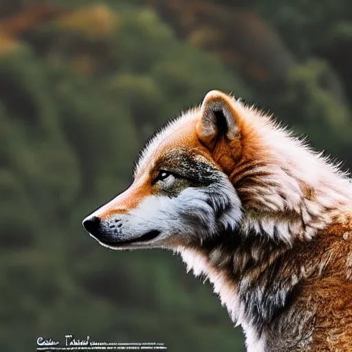 Image similar to professional digital art of a side profile of a tibetan wolf, tan and brown fur, fluffy, falling leaves, hd, 8 k, highly detailed, high quality, cute