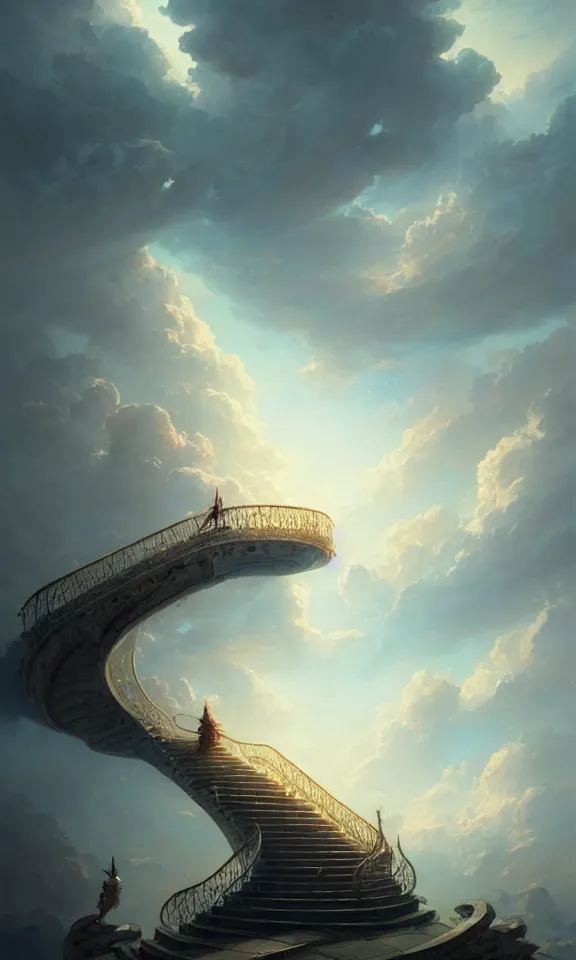 Image similar to stairway to heaven, sky full of clouds, art by greg rutkowski and peter mohrbacher, featured in artstation, octane render, cinematic, elegant, intricate, ultra detailed, rule of thirds, professional lighting, unreal engine, fantasy, concept art, sharp focus, illustration, 8 k