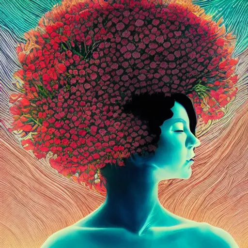 Image similar to giant flower head on woman, surreal photography, dramatic light, painting by victo ngai, james jean, rossdraws, frank franzzeta, mcbess