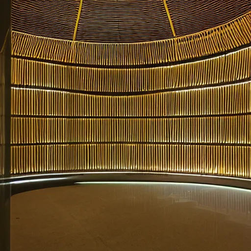 Image similar to circular building by Sir David Adjaye, inside green park, night vision,