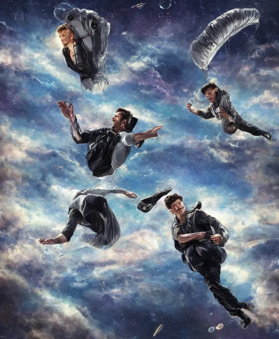 Prompt: hd art of future man traveling towards another galaxy with the help of parachute, highly detailed