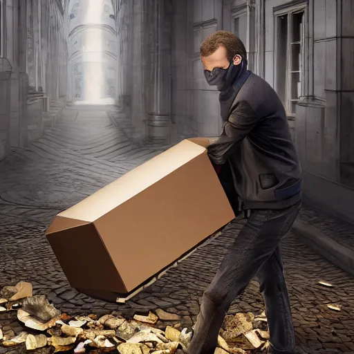 Image similar to photography, emmanuel macron carrying a box, relocation, ultra realistic, concept art, intricate details, highly detailed, photorealistic