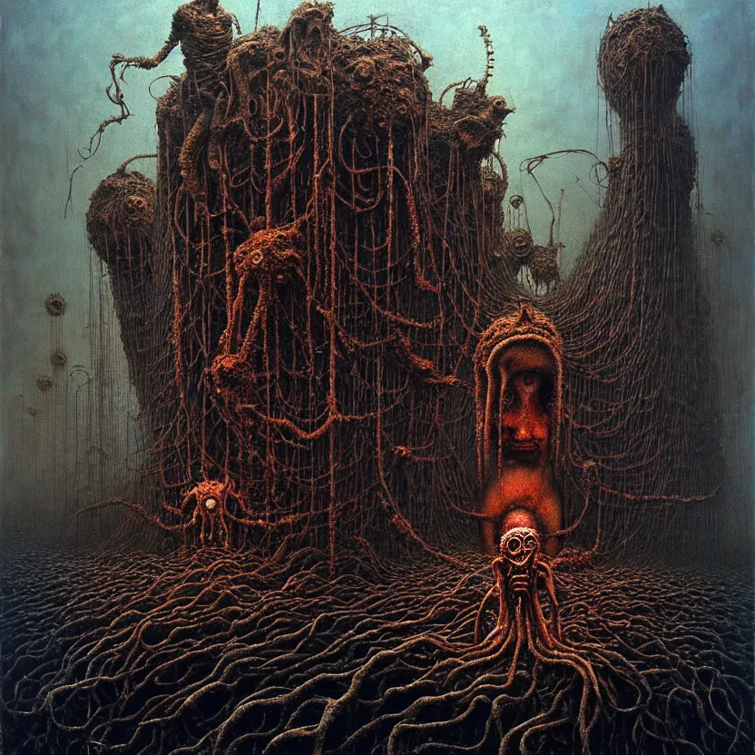 Image similar to a bizarre industrial nightmare full of unspeakable creatures, cosmic horror, by zdzisław beksinski and greg rutkowski and esao andrews and salvador dali, oil on canvas, technology, abstract, surreal, hell, horror, dark, intricate textures