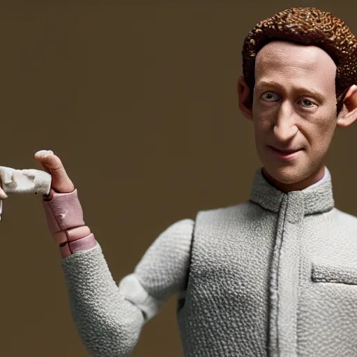 Image similar to product photography of a claymation action figure marc zuckerberg, depth of field, zeiss lens, detailed, centered, by erwin olaf, joop geesink, wes anderson, breathtaking, 8 k resolution, extremely detailed, beautiful, establishing shot, realistic materials, hyperrealistic